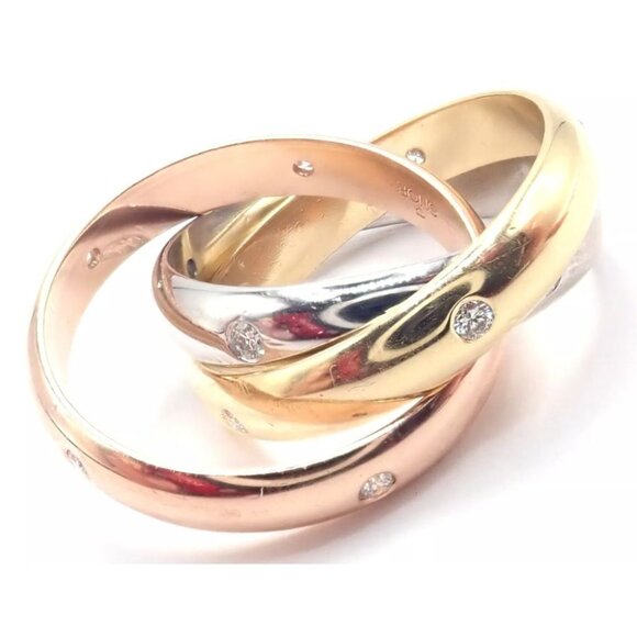 Authentic! Cartier 18k Tri-Color Gold Diamond Trinity Band Ring Size 5.75 Cert. - Picture 3 of 9